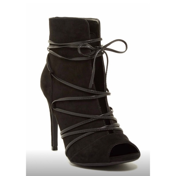 Nordstrom Wild Diva Lace Up Suede Pumps Heels Peep Toe Booties Black Size 8.5 - Picture 1 of 11